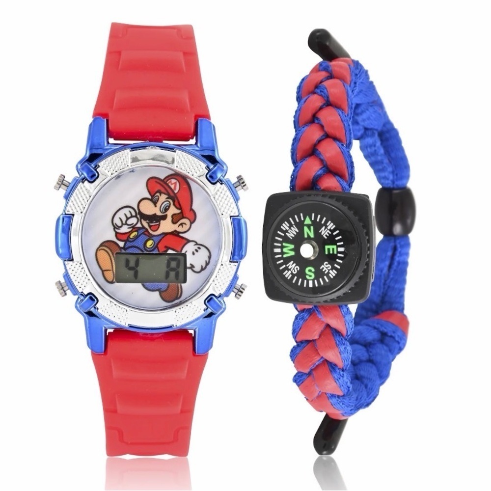 Mario Kids Flashing Lights LCD Watch with Matching Woven Compass Set